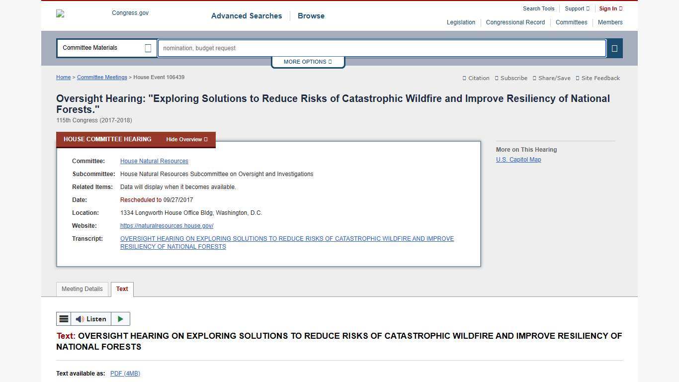 Oversight Hearing: "Exploring Solutions to Reduce Risks of Catastrophic Wildfire and Improve Resiliency of National Forests." | Congress.gov | Library of Congress